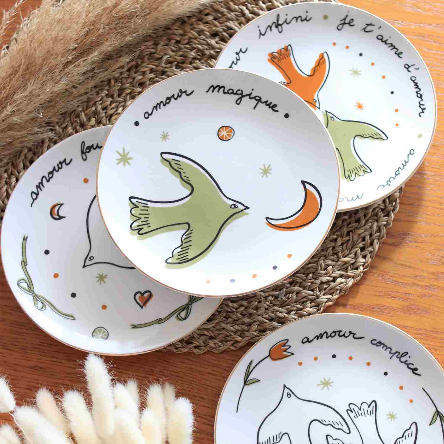 Set de 4 Assiettes à Dessert – Oiseaux & Amour