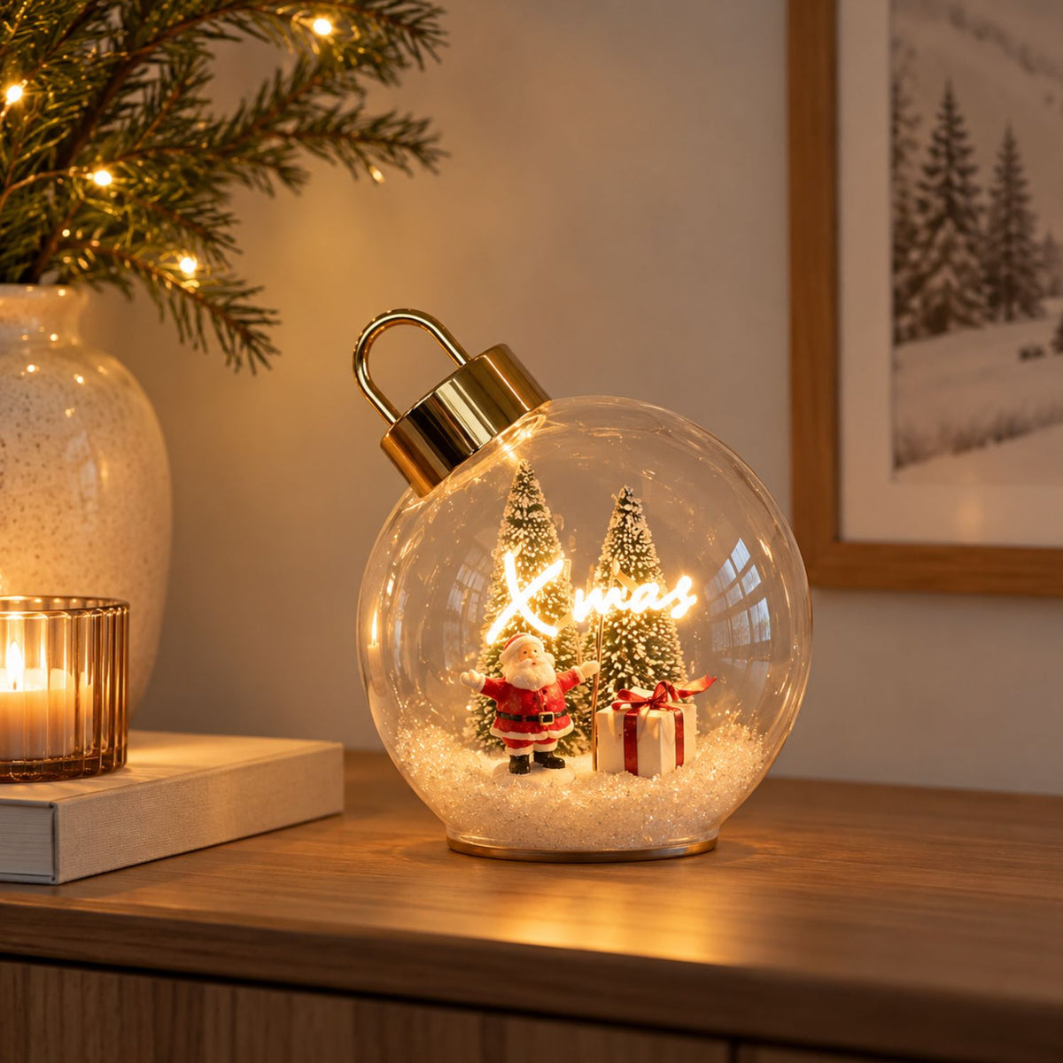 Boule de Noël lumineuse LED – Père Noël et forêt enneigée
