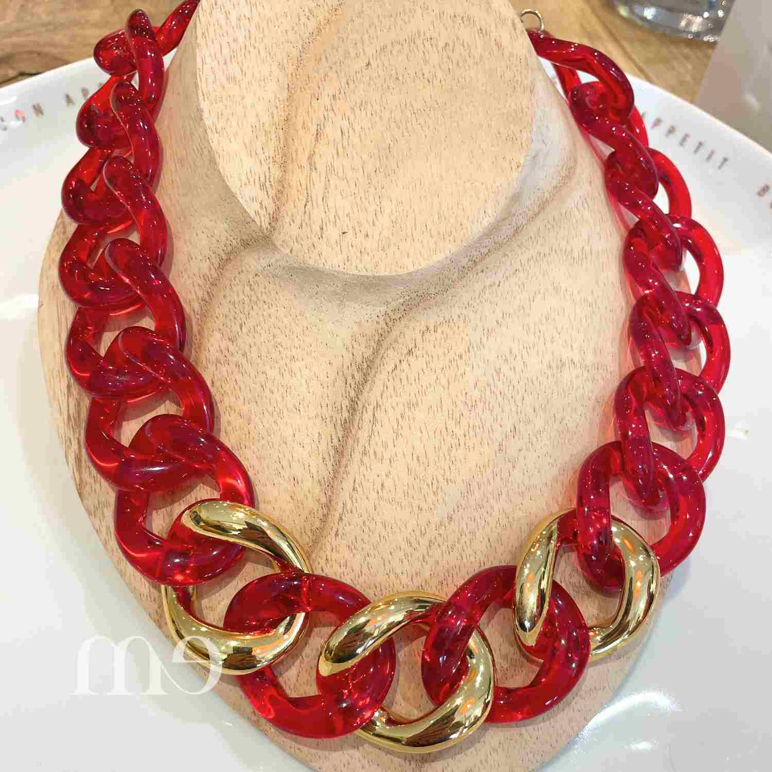 collier maillon rouge transparent et or de Francine Bramli
