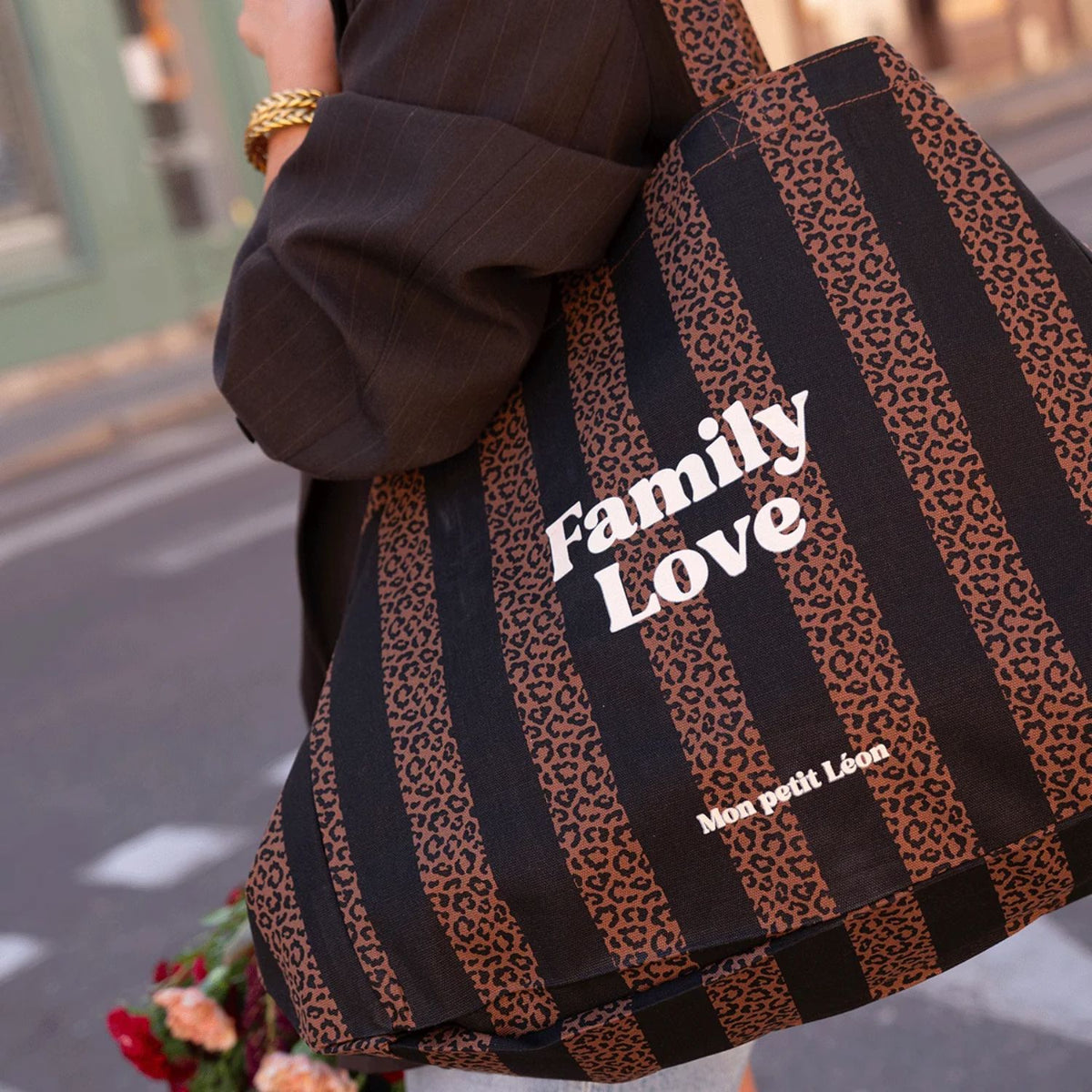 Cabas XXL Family Love Rayures Léopard Noir – Mon Petit Léon