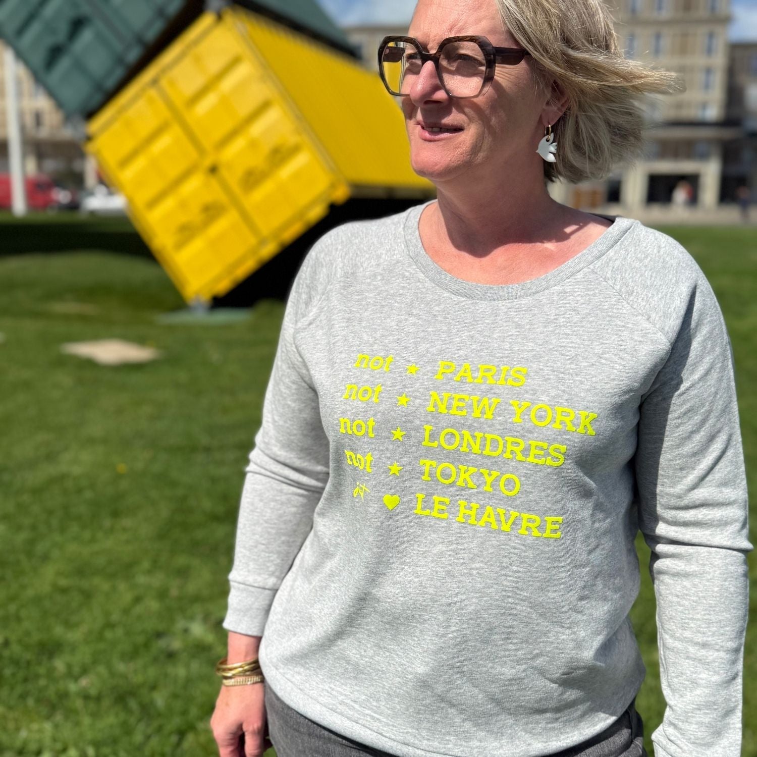 Sweat Suzanna Just Le Havre – Gris chiné & jaune fluo