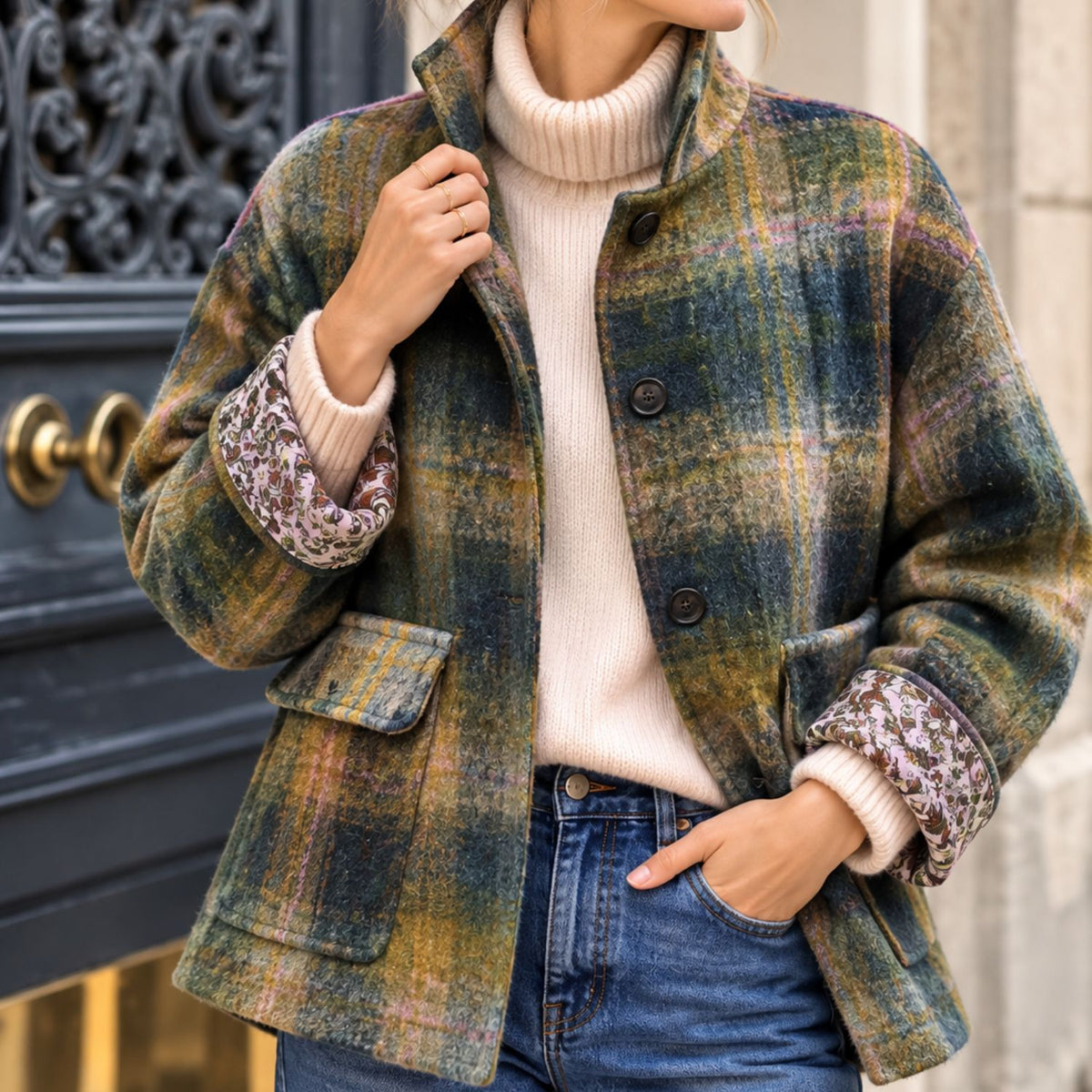 Veste Johanna à carreaux kaki, vert et moutarde, portée avec un pull écru et un jean, manches retroussées dévoilant la doublure imprimée.