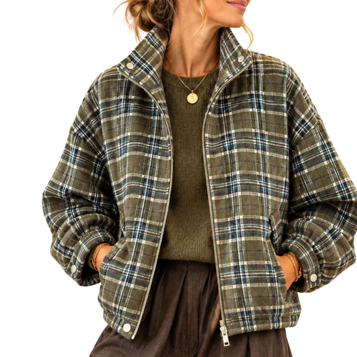 Blouson Charlie à carreaux kaki effet flanelle – Johanna Paris