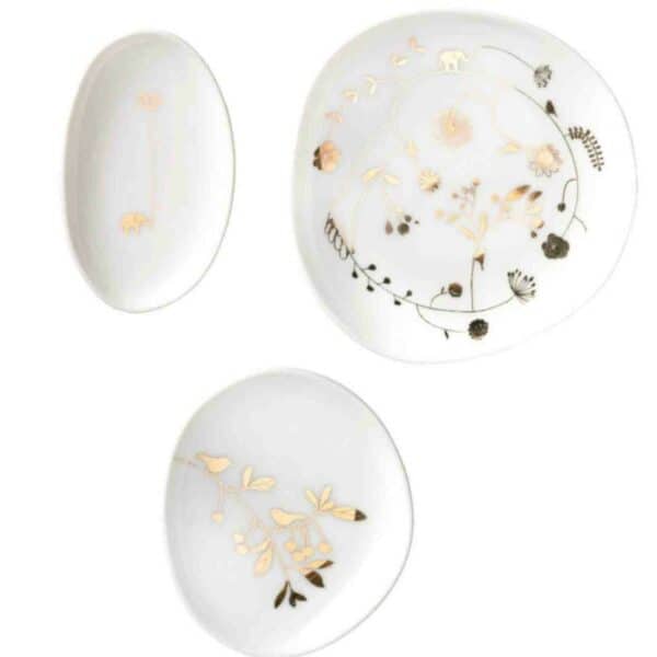 set de 3 coupelles en porcelaine de la marque Räder avec inscriptions florales dorées